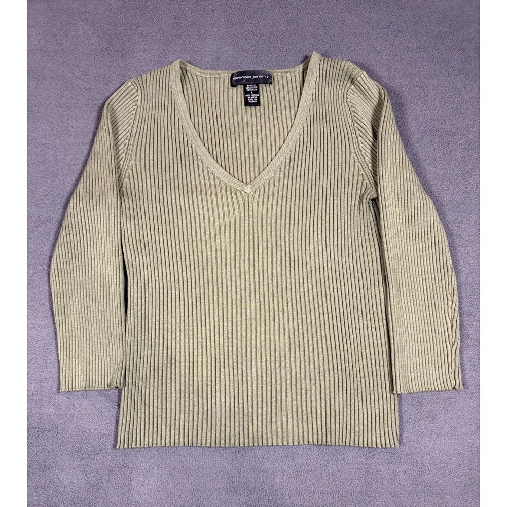 Spenser Jeremy Sweater Womens Large Olive Green Silk Ribbed Knit V Neck Cozy